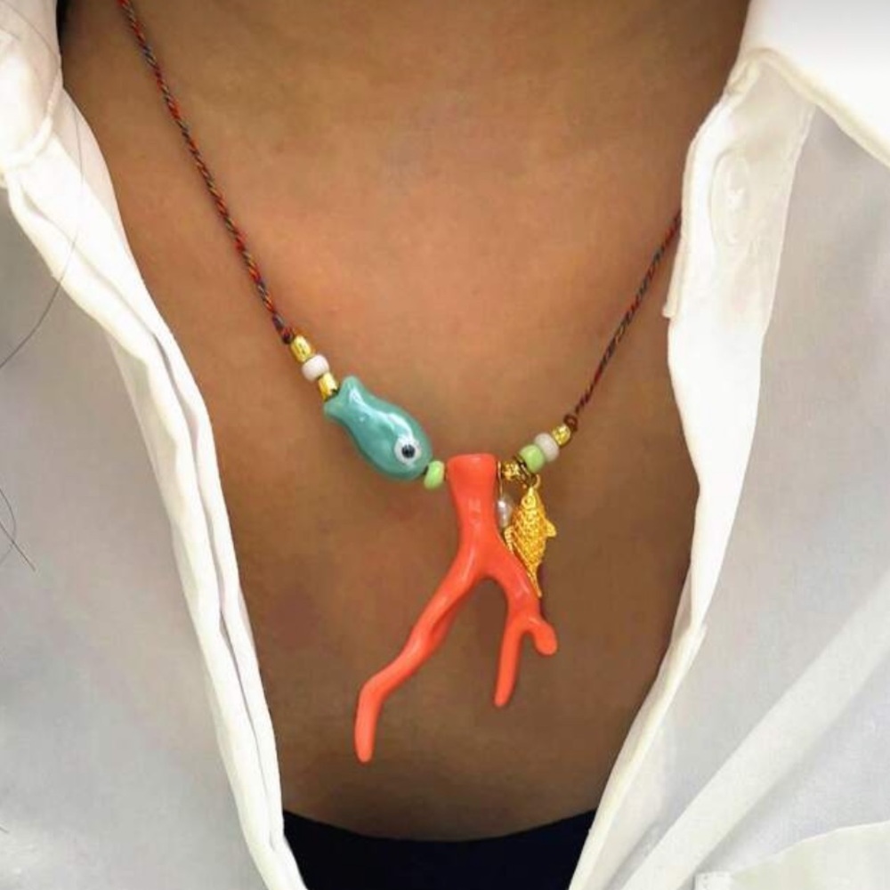 Anthropologie Coral Branch Pendant Necklace with Turquoise Bead and Gold Charm